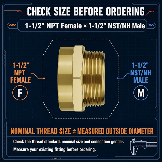 1-1/2" NPT Female x 1-1/2" NST/NH Male Fire Hose Adapter | Solid brass - Image 3