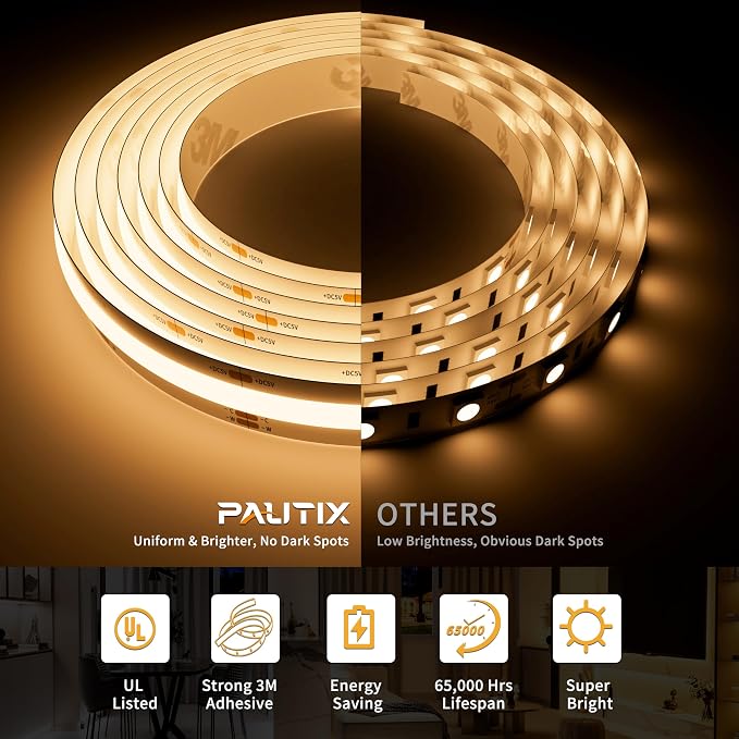 PAUTIX 5V USB CCT Tunable COB LED Strip Lights 6.56ft/2m, 1280LEDs 1200lm - Image 4