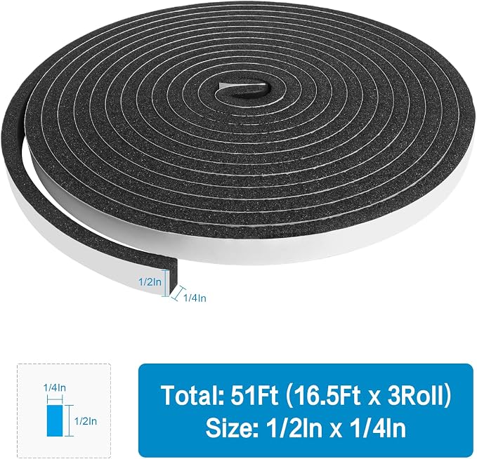 DGSL Foam Weather Stripping, 1/2" x1/4", 51Ft Door Window Seal Tape | Self - Image 2
