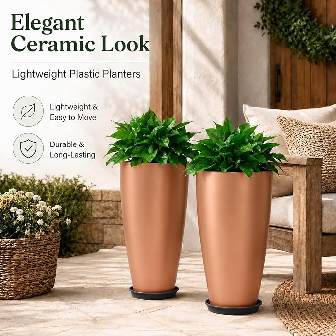 Neoaider Set of 2 Tall Planter, 21 inch Large Plastic Planter, Rose Gold | - Image 2