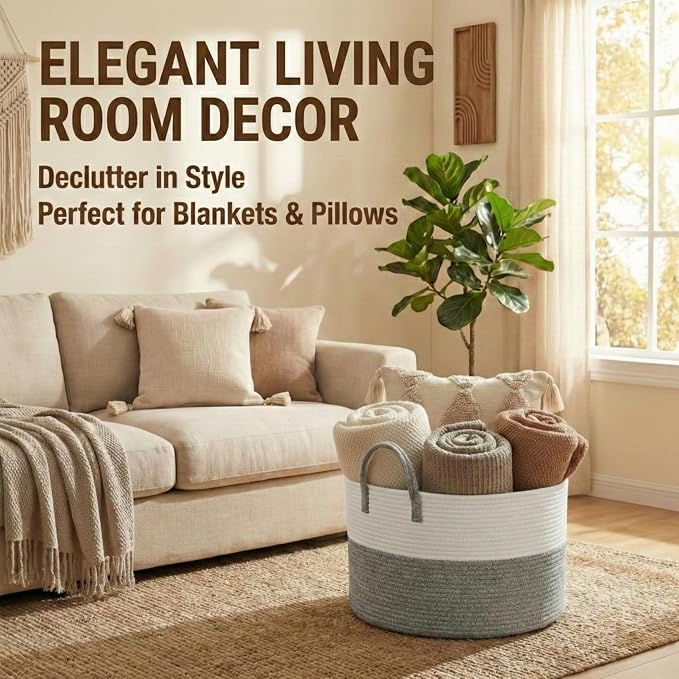 JMvicyroam 65L Extra Large Machine Washable Cotton Rope Blanket Basket | - Image 3