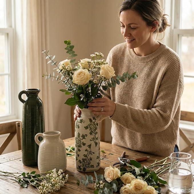 Ceramic Vase Set of 3 with Handles, Versatile as Table Centerpiece or Mantel & - Image 7
