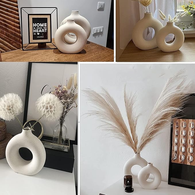 White Ceramic Vases- 2 for Modern Home Decor, Round Matte Boho Vase for Decor - Image 6