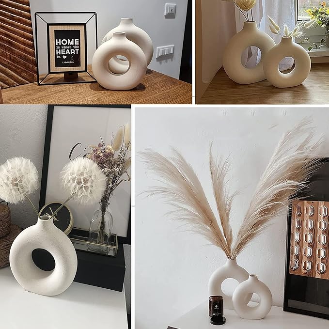 White Ceramic Vases Set 2 for Modern Home Decor, Boho Round Matte Pampas Flower - Image 4