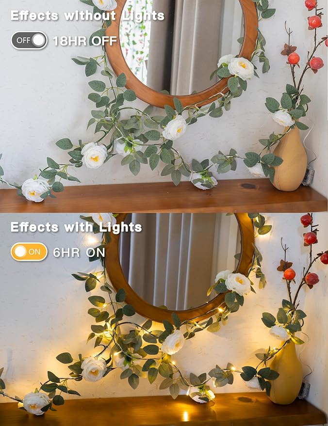 60LED Garland with White Camellia Lights Battery Operated Clear Wire | Vines - Image 5