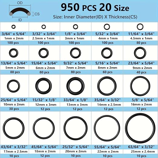 950 Pcs O-Ring O Rings Assortment Kit 20 Sizes Nitrile Rubber | - Image 2