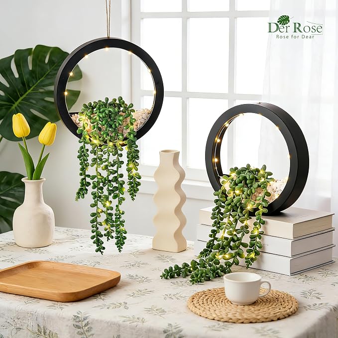 Der Rose 2 Pack Fake Lighted Hanging Succulent Plants - Image 6