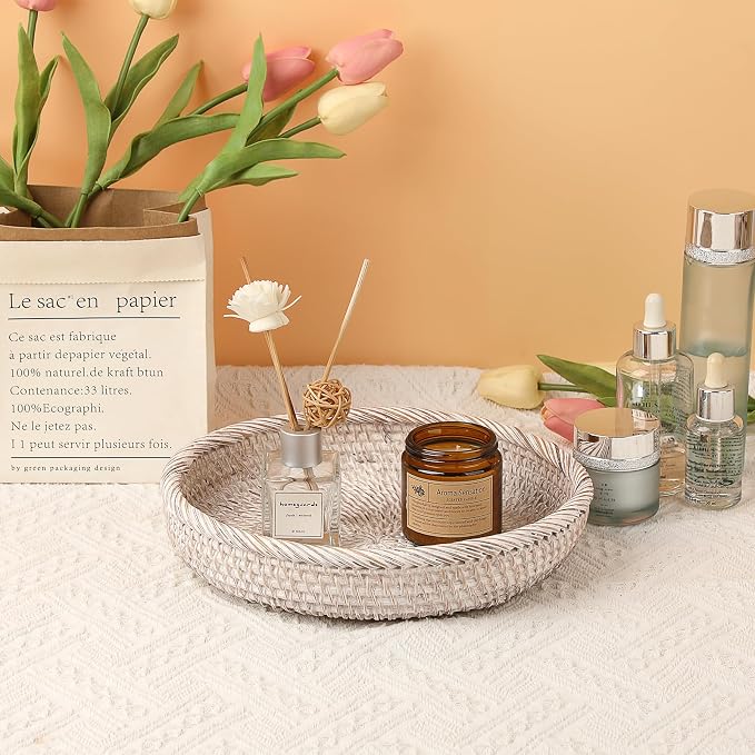 Hipiwe Key Basket Bowl for Entryway 10" Round Woven Wicker Serving Tray | - Image 6