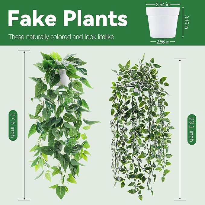 Der Rose 2Pcs Fake Hanging Plants Artificial in White Pots - Image 3