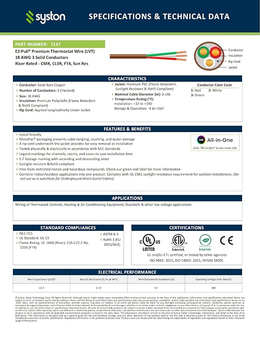 Syston 18/3 Thermostat HVAC Cable Wire, 100% Solid Copper, Riser/CL3R/CMR | 18 - Image 2