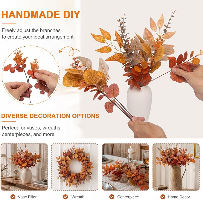 260 Pcs Fall Mixed Greenery Artificial Eucalyptus Stems Bulk, 6 Kinds of Fake - Image 4