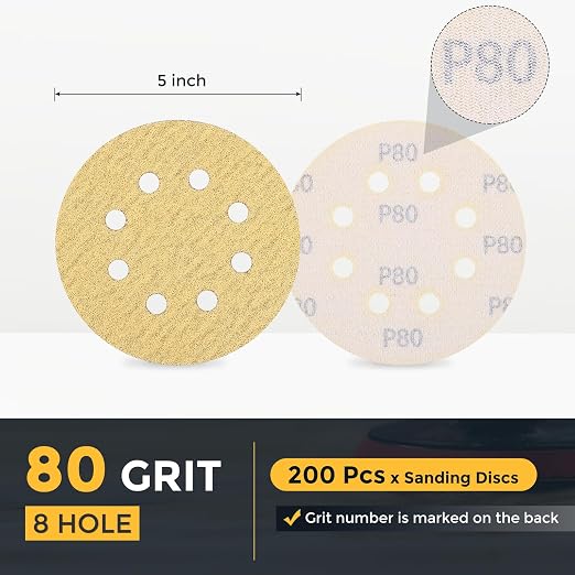 HARFINGTON 200Pcs 5Inch Sanding Discs 80Grit Yellow Aluminum Oxide 8 Hole | - Image 2