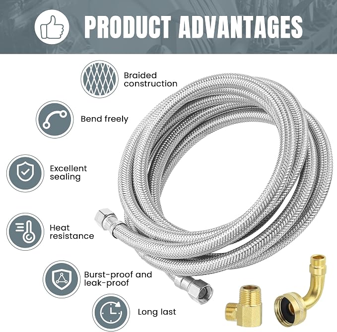 Stainless Steel Braided Dishwasher Hose, 10 FT Connector Kit - Image 6