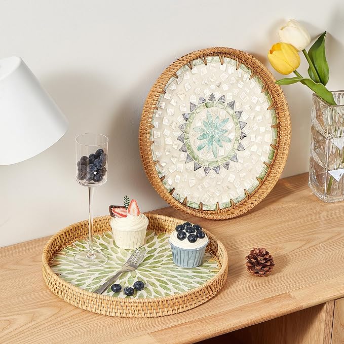 Kmelep Round Rattan Tray with Mother of Pearl Inlay, Rattan Serving Tray with - Image 3