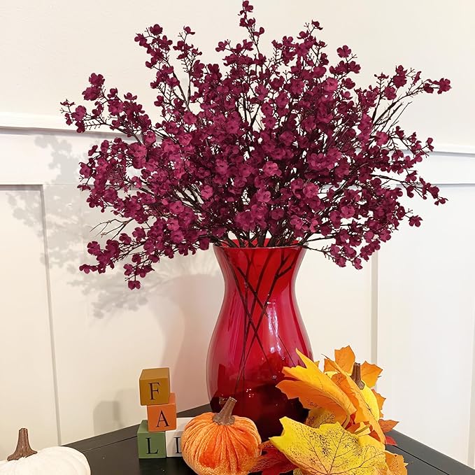 5 Pcs Fall Flowers, Real Touch Babys Breath Artificial Flowers, Burgundy | - Image 2