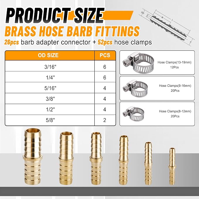 26PCS Brass Hose Barb Fittings Splicer Mender Kit - Image 2