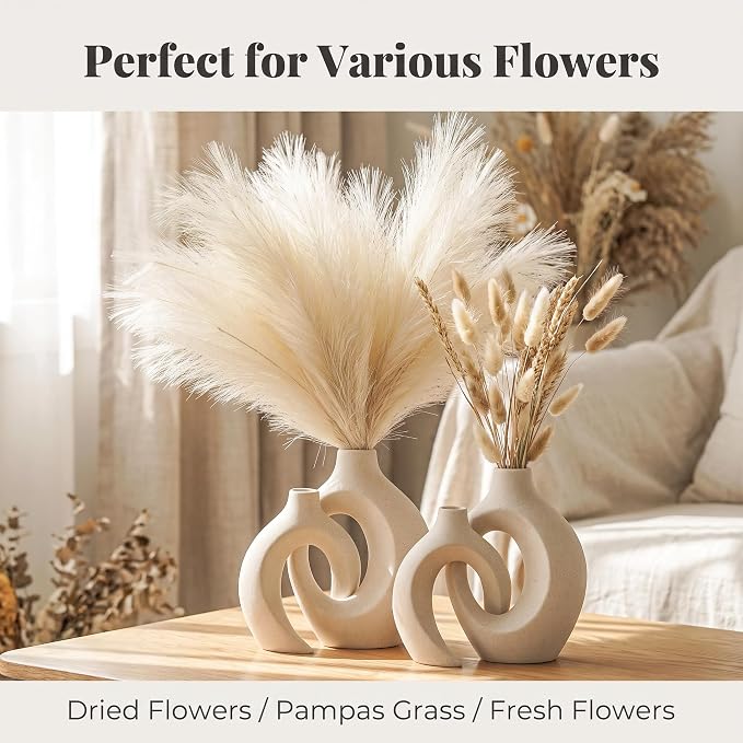 Aesthetic Cream White Ceramic Vase Set of 2, Snuggle Hollow Flower Vase Home - Image 7
