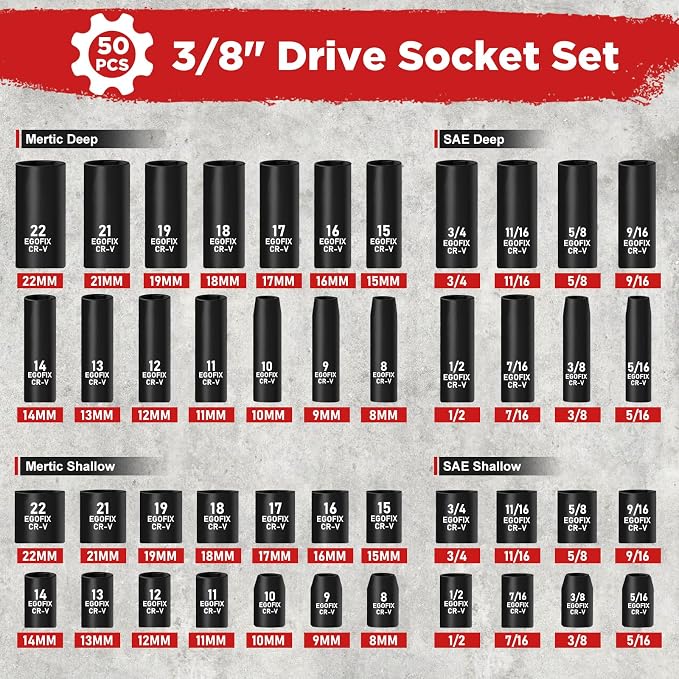 3/8" Drive Impact Socket Set, 50 Piece Standard SAE and Metric 6 Point - Image 2