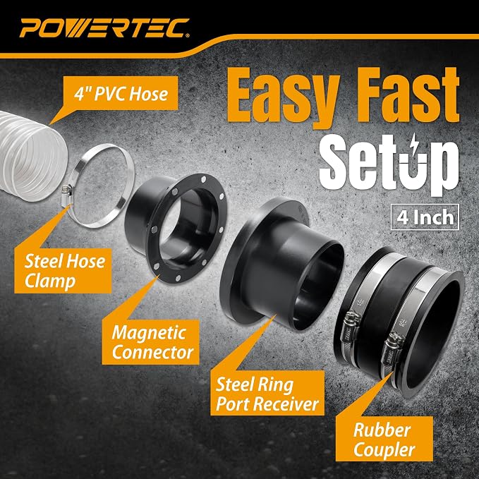 POWERTEC 70535 4" Magnetic Dust Collection Fittings and Hose Kit - Image 4