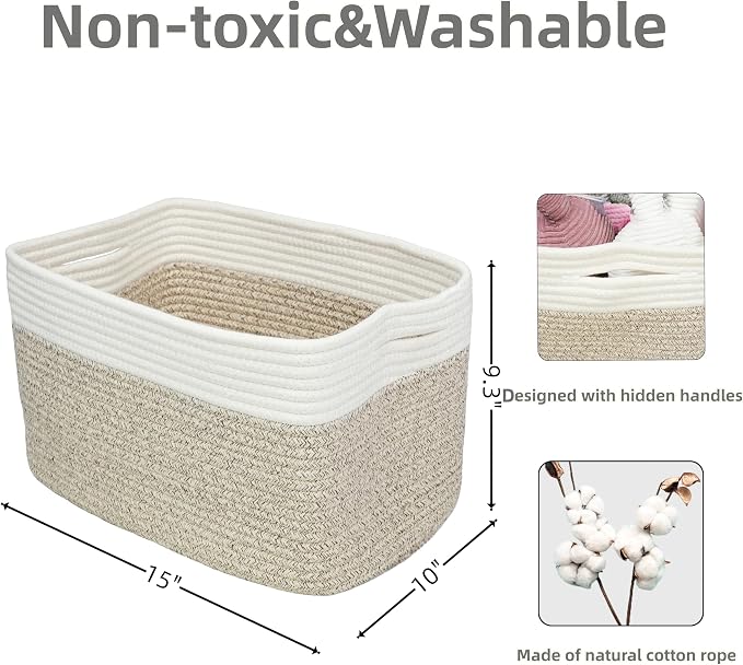 XUANGUO Woven Cotton Rope Storage Baskets 15x10x9.3" 3 Pack White and Brown | - Image 2