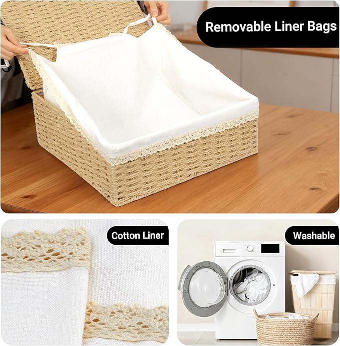 Nonam Large Basket with Lid set of 3, Rattan Divided Baskets Organizer - Image 3