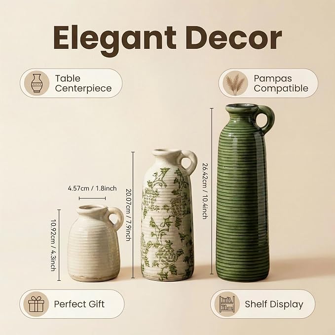 Ceramic Vases Set of 3, Farmhouse Country Flower Vase Home Decor, Living Room - Image 2