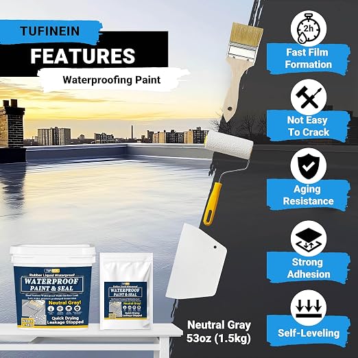Rubber Liquid Waterproof Sealant, TUFINEIN 53oz/1.5kg Neutral Gray Quick Drying - Image 3