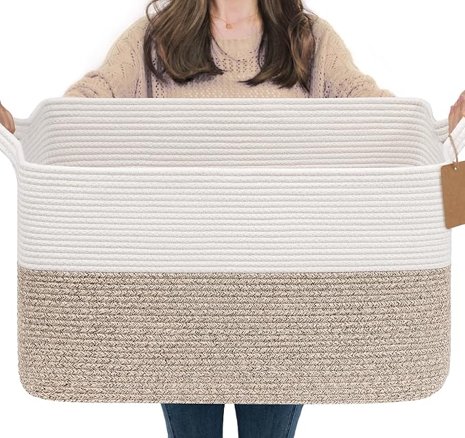 Goodpick 75L Extra Large Woven Rope Blanket Basket, Light Brown | 22" × 17" × by Goodpick