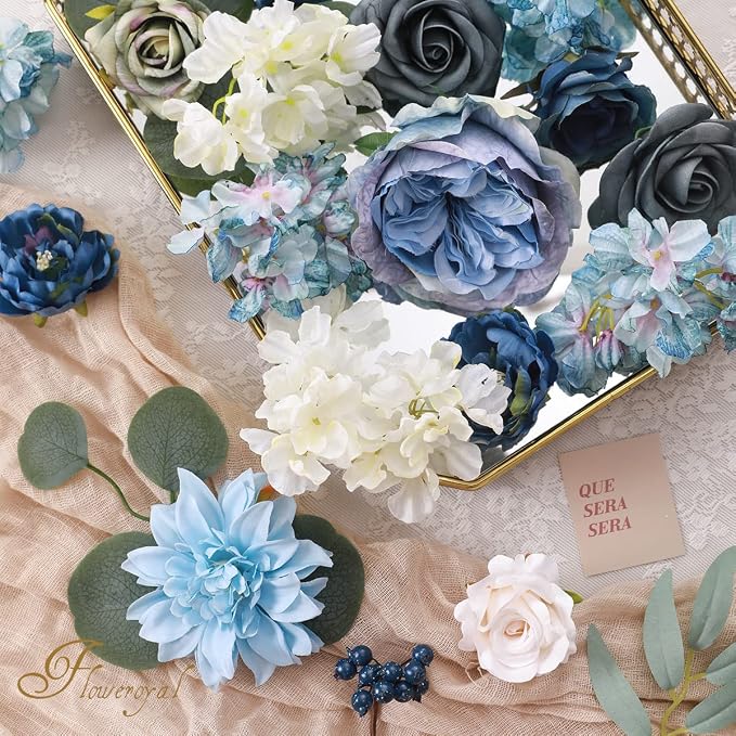 Artificial Flowers Combo Dusty Blue Flowers Mix Silk Flowers Dahlia Roses - Image 2
