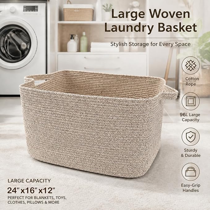 96L Woven Laundry Basket with Handles, Extra Blanket Basket, Living Room - Image 4