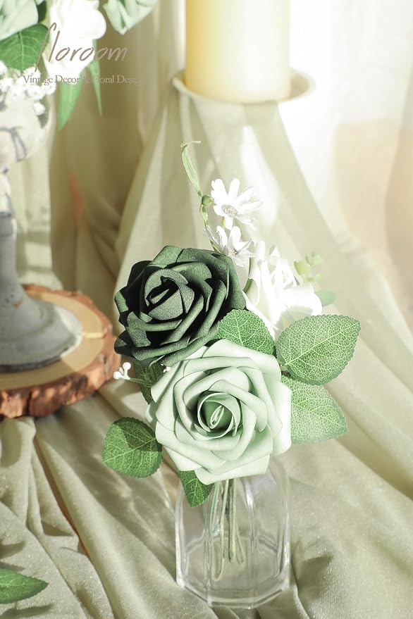 Artificial Flowers 25pcs Real Looking Sage Green & Emerald Green Foam Fake Roses - Image 4