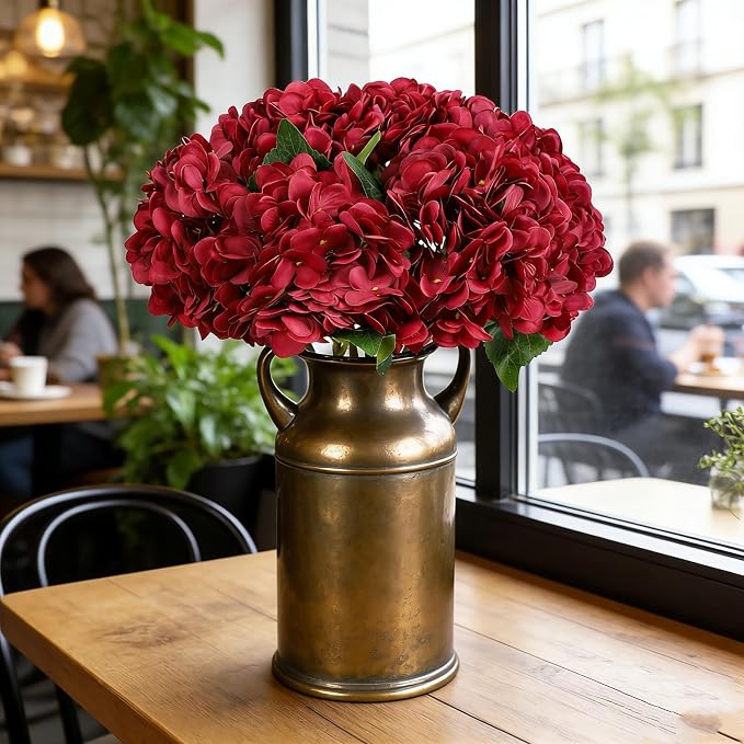 Kimura's Cabin 6Pcs Hydrangea Artificial Flowers Silk Hydrangeas, Dark Red | - Image 7
