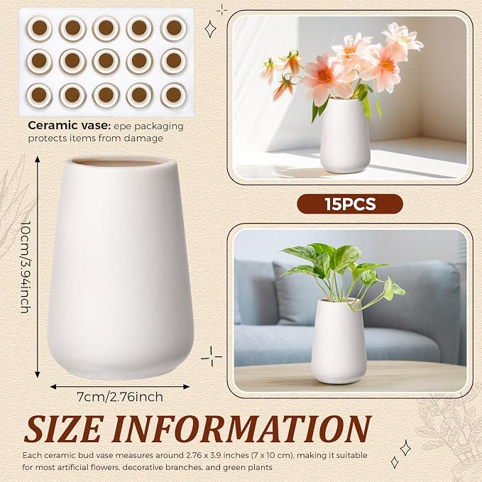 Tioncy 15 Pack White Ceramic Bud Vases Bulk Boho Small Flower Vase White - Image 2