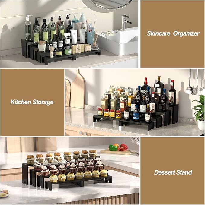 4 Set Black Wooden Tiered Riser Display Stands - Image 6