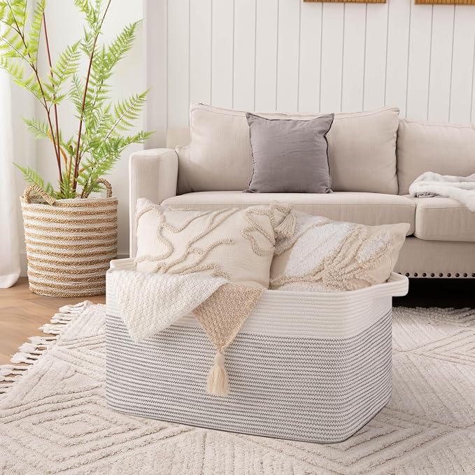 OIAHOMY Extra Large Blanket Basket, 95L Cotton Rope Woven Laundry Basket - Image 2