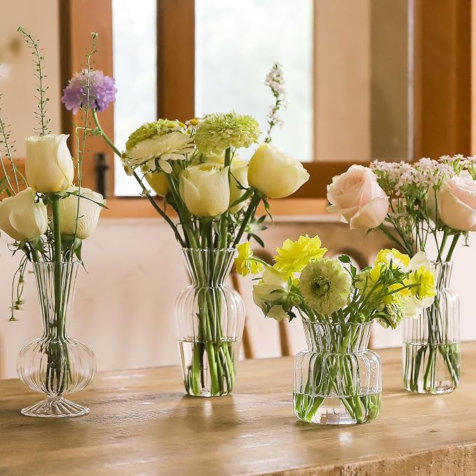 12 Pcs Ribbed Glass Bud Vases Set, 4 Styles Clear Small Flower Vases | Mini - Image 7