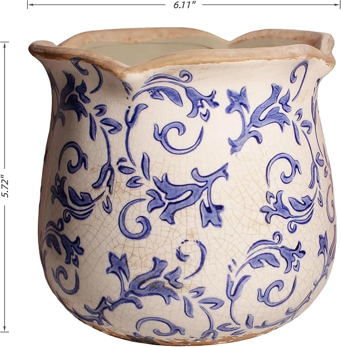 Retro Distressed Ceramic Pots, Antique Crackle Glaze Planters w/ Drainage | - Image 3