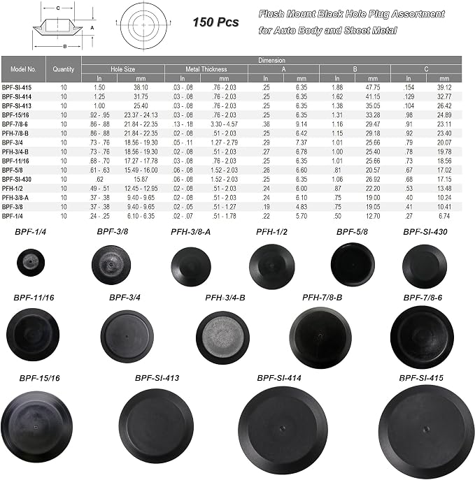 150pcs Flush Mount Black Hole Plug Assortment - Image 2