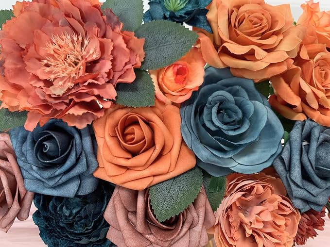FACINOC Roses Artificial Flowers Teal Orange Bouquet Fall Fake Flower Combo | - Image 9