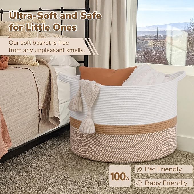 INDRESSME 115L Extra Large Woven Rope Blanket Basket Living Room WhiteCamel | - Image 5