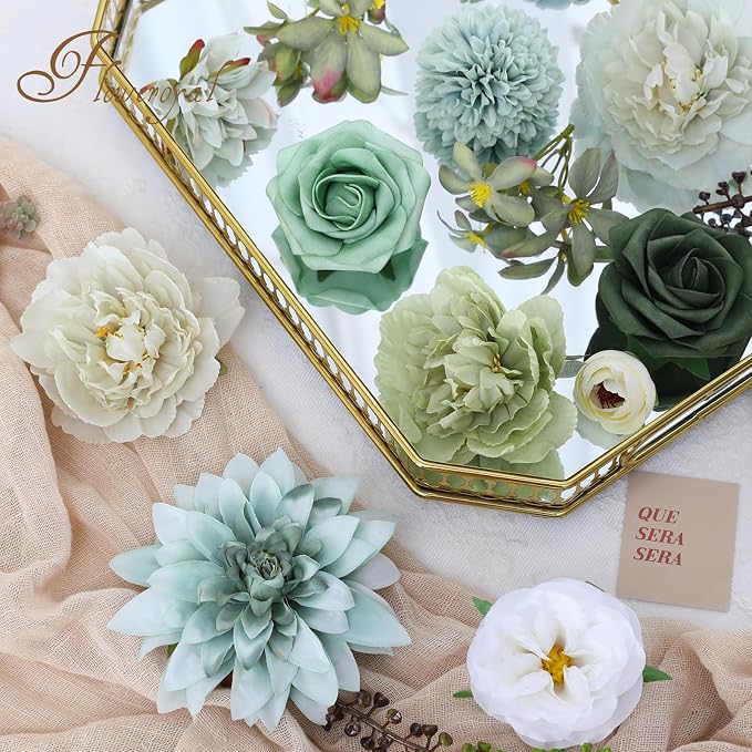 Artificial Flowers Combo Green Flowers Mix Silk Flowers Dahlia Roses - Image 8