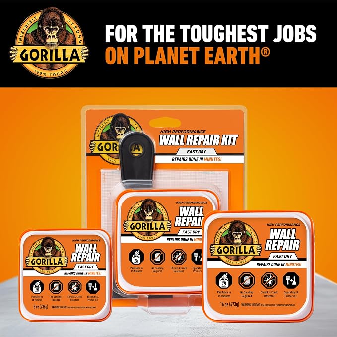GORILLA Wall Repair Kit, Heavy Duty Spackling, 8 fl oz Tub, 4 in Patch | - Image 9