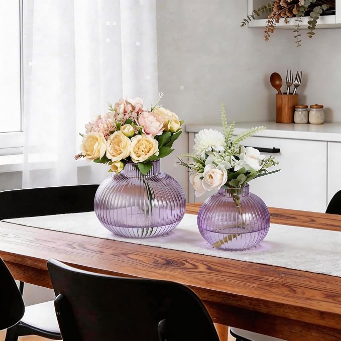Purple Glass Vases for Tulips, Flower Vases for Bouquet, Ribbed Glass Vase for - Image 6