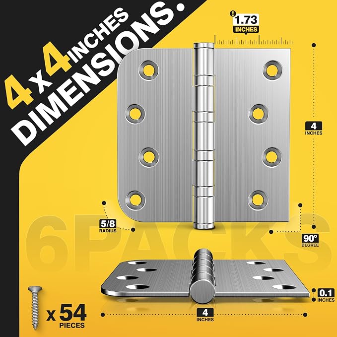 KOLET Ball Bearing Door Hinges, 4 x 4 Inches, Brushed Nickel, 6 Pack | Heavy - Image 2