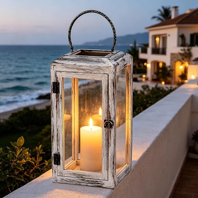 16" High Wooden Lantern Made of Solid Firwood in Whitewash - Image 3