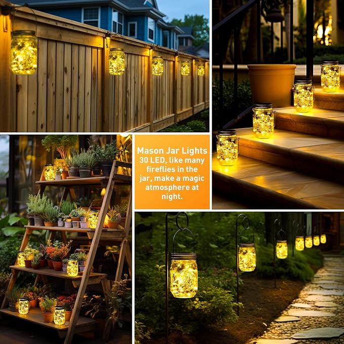 GIGALUMI Hanging Mason Jar Solar Lights, 6 Pack 30 Led Tinplate Lids | Hanging - Image 3