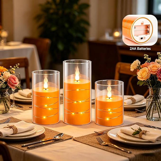 Da by 3 Pack Orange Transparent Acrylic Flameless Taper Candles, Flickering - Image 7