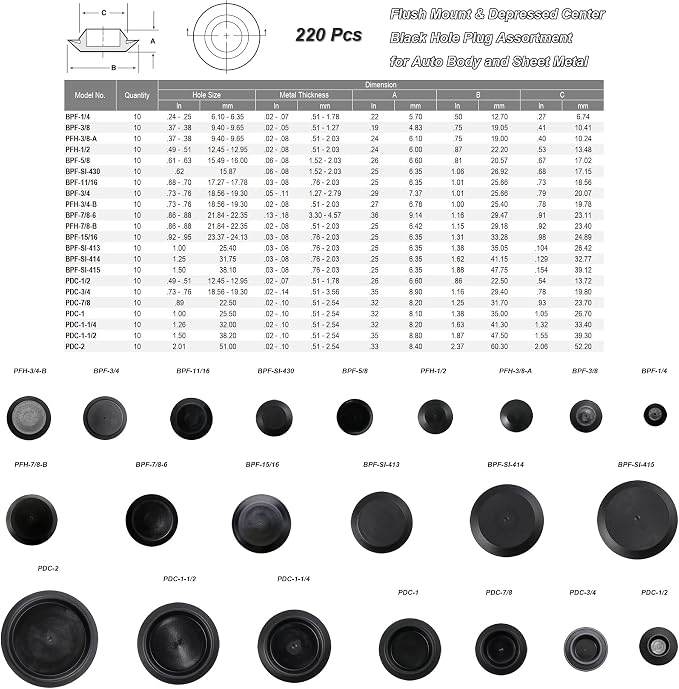220pcs Flush Mount Black Hole Plug Assortment - Image 2