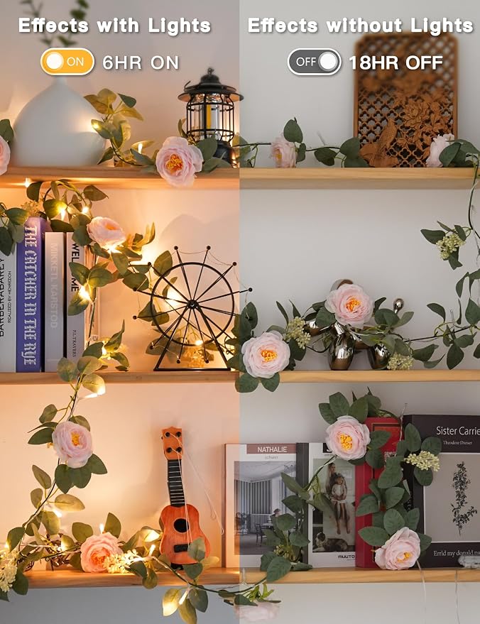 60LED Garland with Pink Camellia Lights Battery Operated Clear Wire | Vines - Image 7