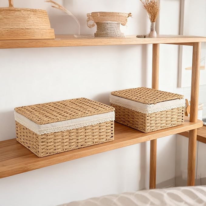 Nonam Large Basket with Lid set of 3, Rattan Divided Baskets Organizer - Image 6